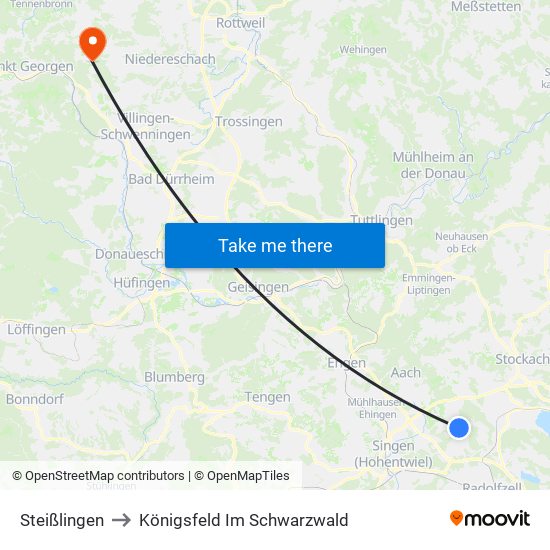 Steißlingen to Königsfeld Im Schwarzwald map