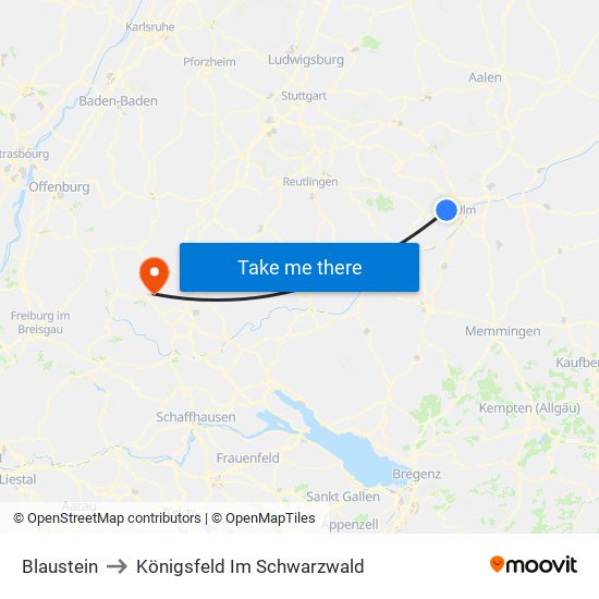 Blaustein to Königsfeld Im Schwarzwald map