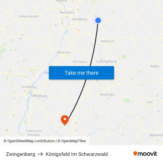 Zwingenberg to Königsfeld Im Schwarzwald map
