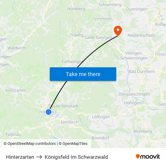 Hinterzarten to Königsfeld Im Schwarzwald map