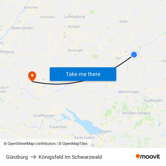 Günzburg to Königsfeld Im Schwarzwald map