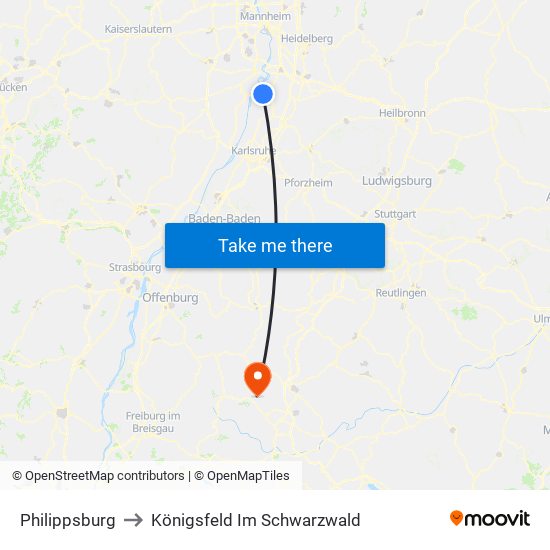 Philippsburg to Königsfeld Im Schwarzwald map