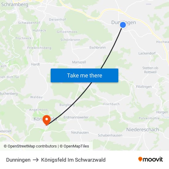Dunningen to Königsfeld Im Schwarzwald map