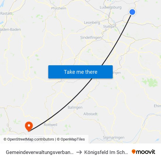 Gemeindeverwaltungsverband Winnenden to Königsfeld Im Schwarzwald map