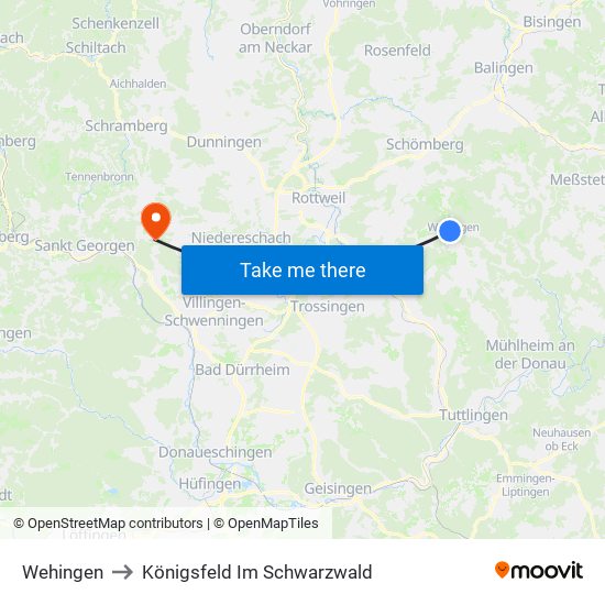 Wehingen to Königsfeld Im Schwarzwald map