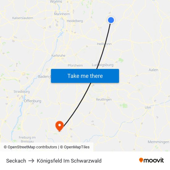 Seckach to Königsfeld Im Schwarzwald map