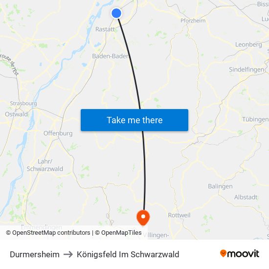 Durmersheim to Königsfeld Im Schwarzwald map