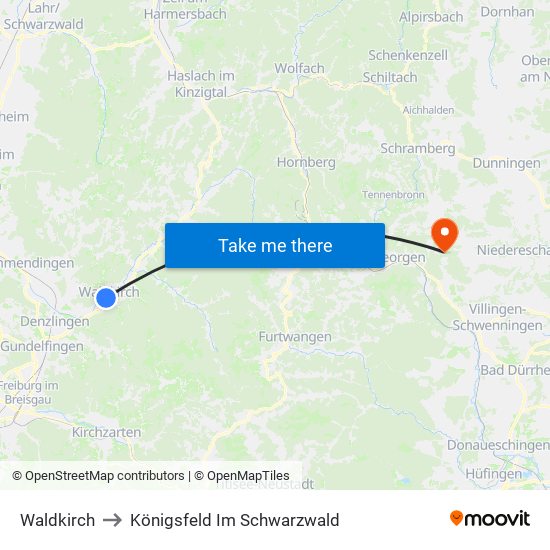 Waldkirch to Königsfeld Im Schwarzwald map