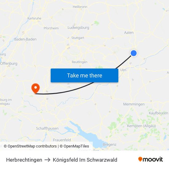 Herbrechtingen to Königsfeld Im Schwarzwald map