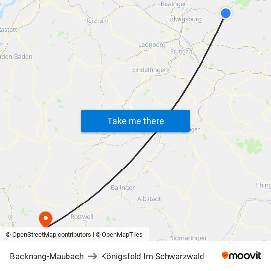 Backnang-Maubach to Königsfeld Im Schwarzwald map