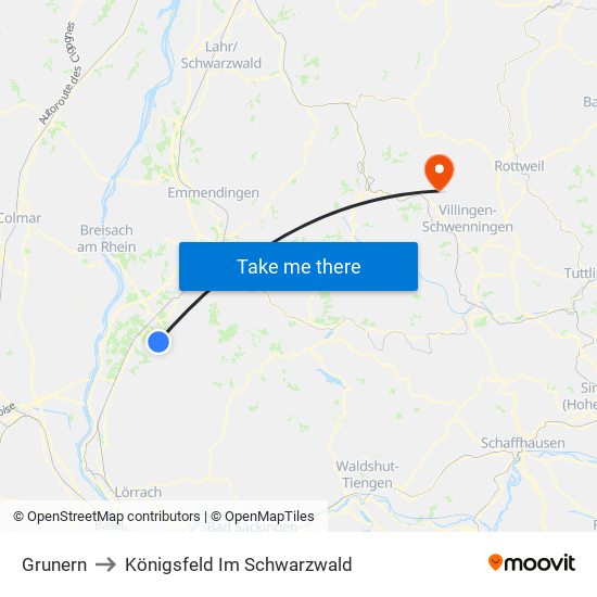 Grunern to Königsfeld Im Schwarzwald map