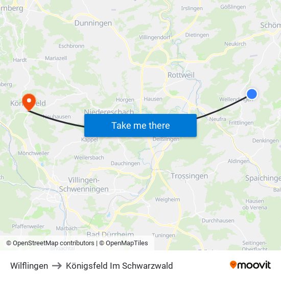 Wilflingen to Königsfeld Im Schwarzwald map