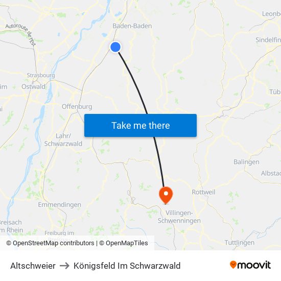 Altschweier to Königsfeld Im Schwarzwald map