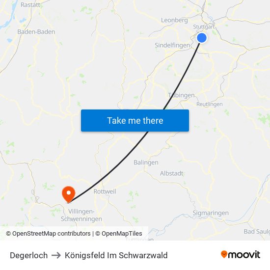 Degerloch to Königsfeld Im Schwarzwald map