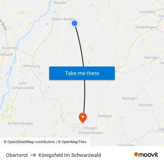 Obertsrot to Königsfeld Im Schwarzwald map