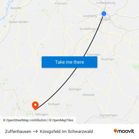 Zuffenhausen to Königsfeld Im Schwarzwald map