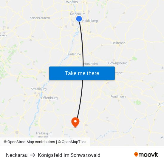 Neckarau to Königsfeld Im Schwarzwald map