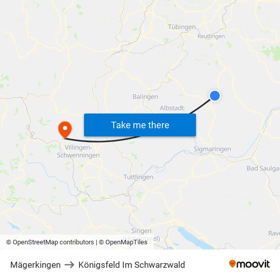 Mägerkingen to Königsfeld Im Schwarzwald map