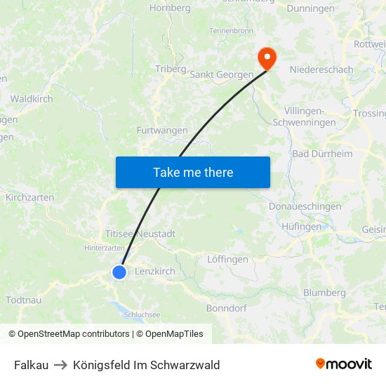 Falkau to Königsfeld Im Schwarzwald map