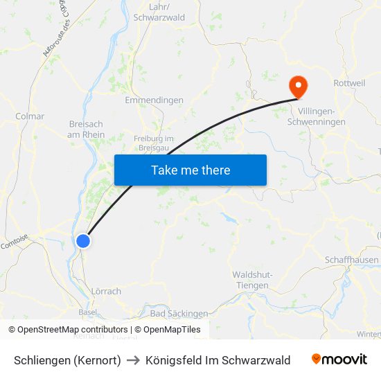 Schliengen (Kernort) to Königsfeld Im Schwarzwald map