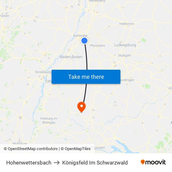 Hohenwettersbach to Königsfeld Im Schwarzwald map
