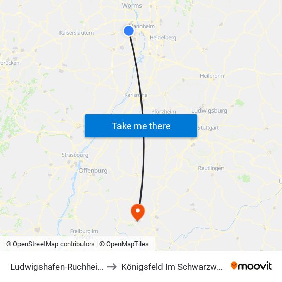 Ludwigshafen-Ruchheim to Königsfeld Im Schwarzwald map