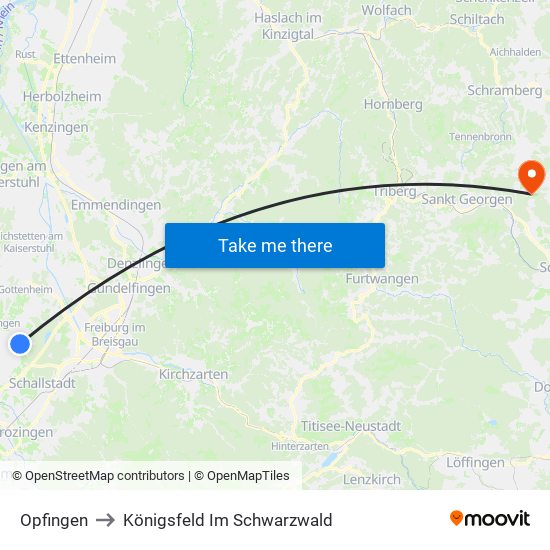 Opfingen to Königsfeld Im Schwarzwald map