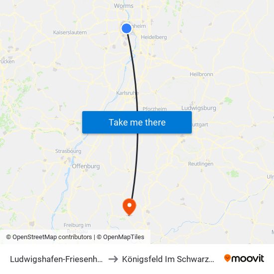 Ludwigshafen-Friesenheim to Königsfeld Im Schwarzwald map