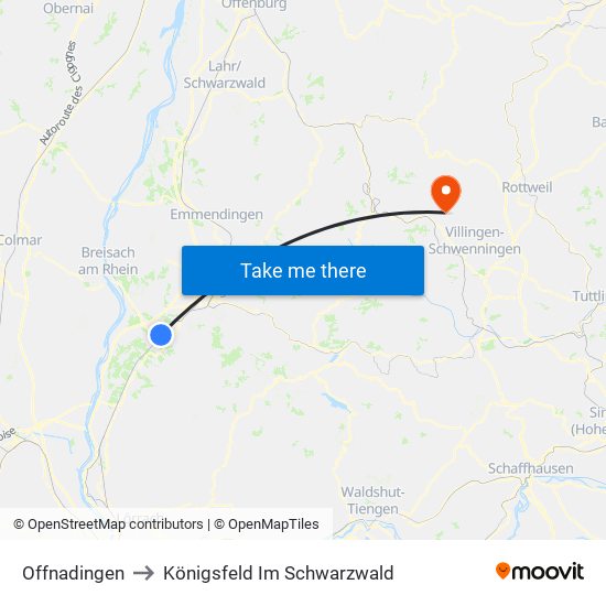 Offnadingen to Königsfeld Im Schwarzwald map