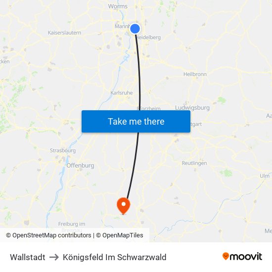 Wallstadt to Königsfeld Im Schwarzwald map