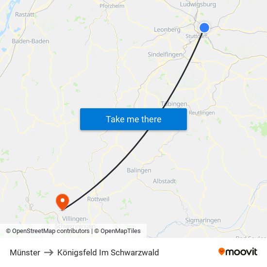 Münster to Königsfeld Im Schwarzwald map