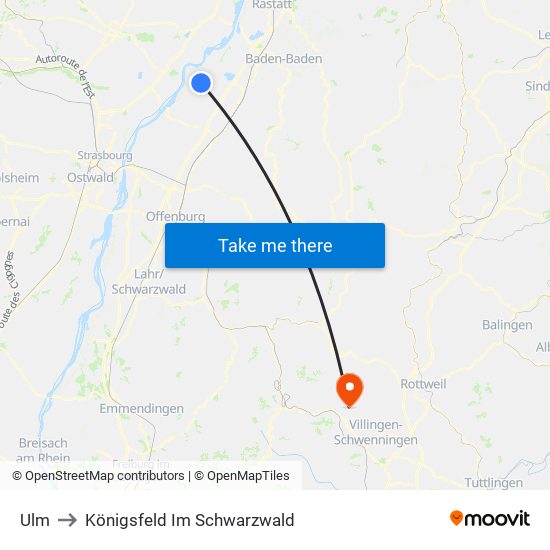 Ulm to Königsfeld Im Schwarzwald map