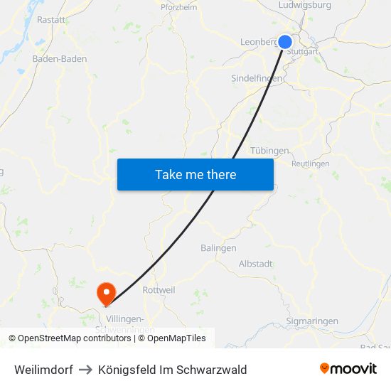 Weilimdorf to Königsfeld Im Schwarzwald map