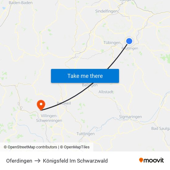 Oferdingen to Königsfeld Im Schwarzwald map