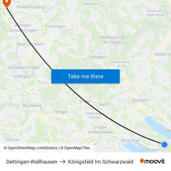 Dettingen-Wallhausen to Königsfeld Im Schwarzwald map