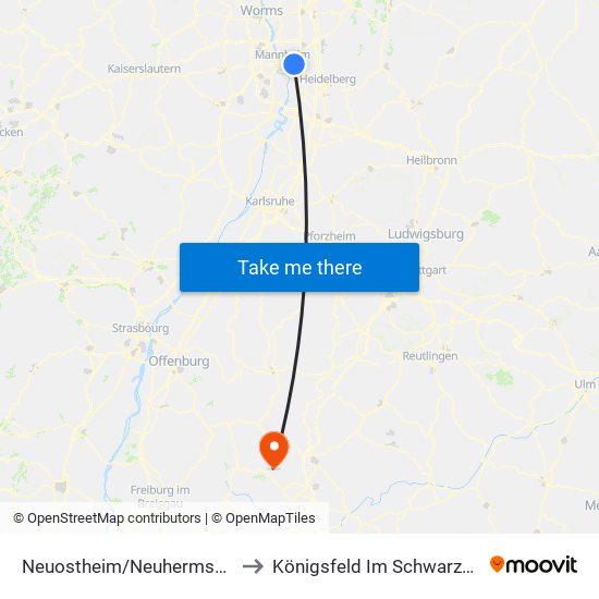 Neuostheim/Neuhermsheim to Königsfeld Im Schwarzwald map