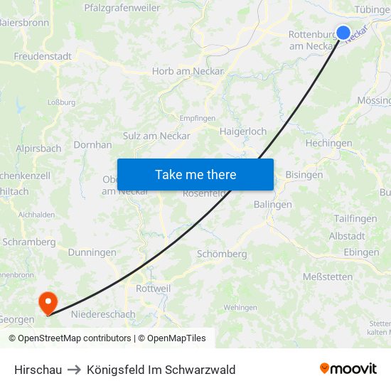 Hirschau to Königsfeld Im Schwarzwald map