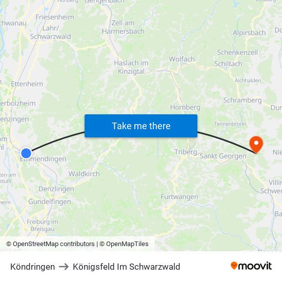 Köndringen to Königsfeld Im Schwarzwald map