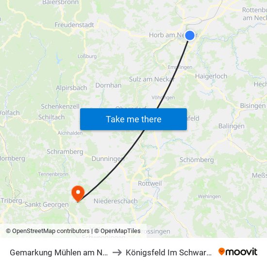 Gemarkung Mühlen am Neckar to Königsfeld Im Schwarzwald map