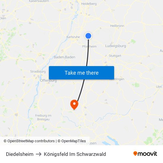 Diedelsheim to Königsfeld Im Schwarzwald map