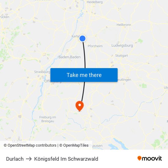 Durlach to Königsfeld Im Schwarzwald map