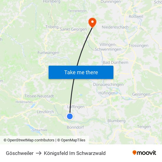 Göschweiler to Königsfeld Im Schwarzwald map