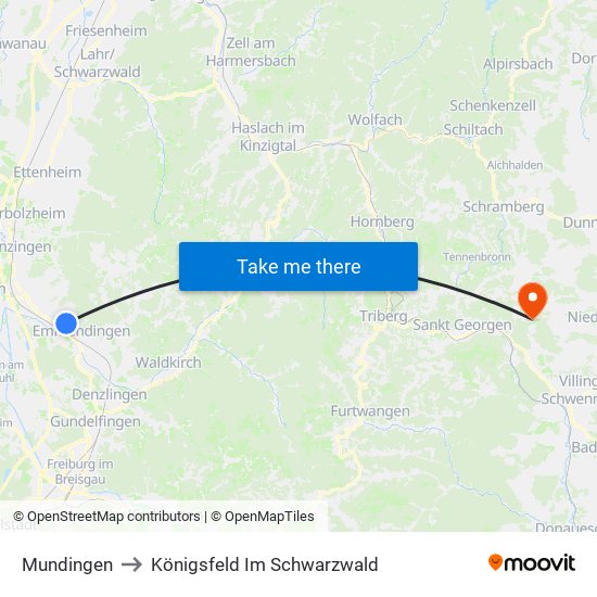 Mundingen to Königsfeld Im Schwarzwald map