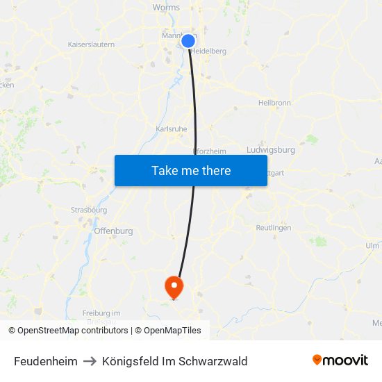 Feudenheim to Königsfeld Im Schwarzwald map