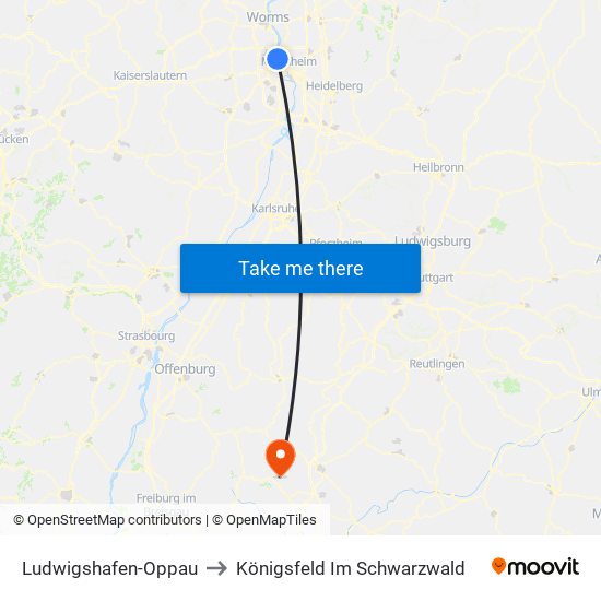 Ludwigshafen-Oppau to Königsfeld Im Schwarzwald map