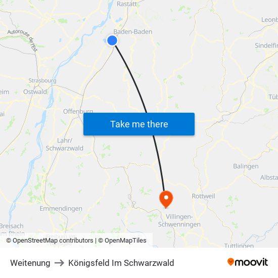 Weitenung to Königsfeld Im Schwarzwald map
