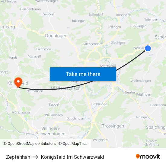 Zepfenhan to Königsfeld Im Schwarzwald map