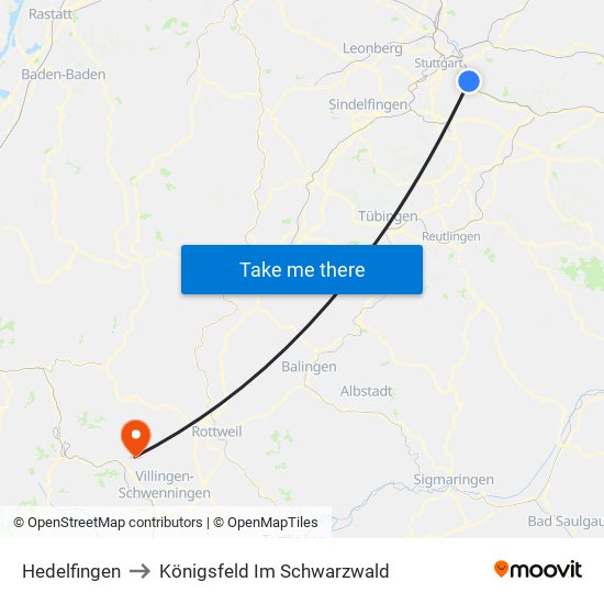 Hedelfingen to Königsfeld Im Schwarzwald map