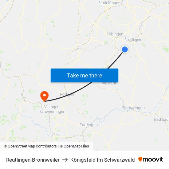 Reutlingen-Bronnweiler to Königsfeld Im Schwarzwald map