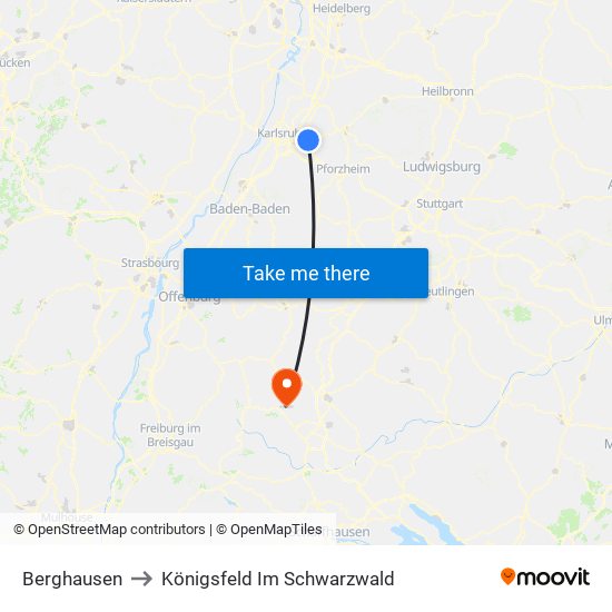 Berghausen to Königsfeld Im Schwarzwald map